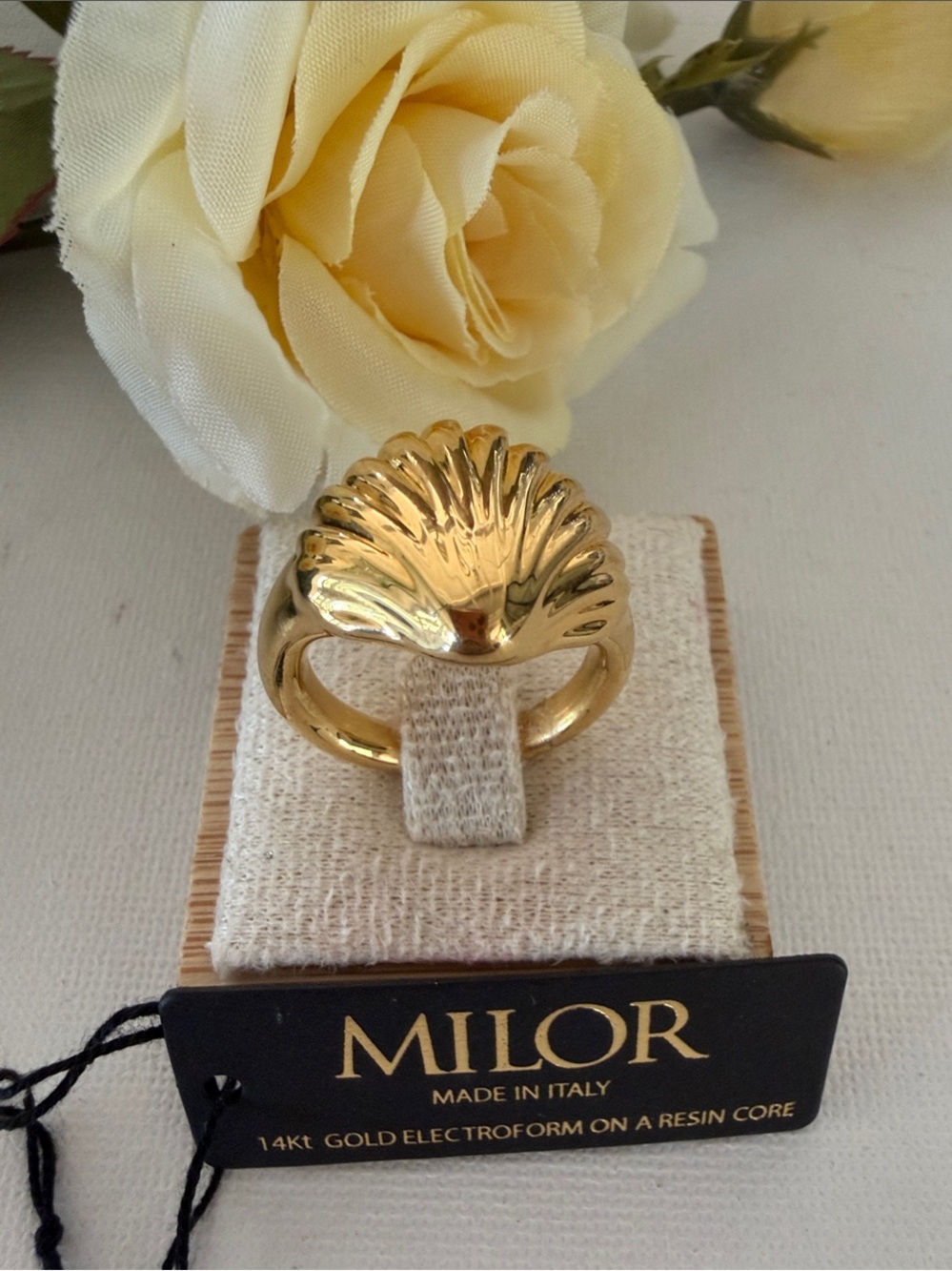 Milor 14k Gold Electroform Shell Motif Statement Ring. NEW Sz 7 Italy